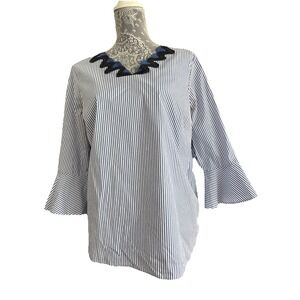 Talbots Blue White Striped Fitted Embroidered VNeck Long Bell Sleeve Size 1X P